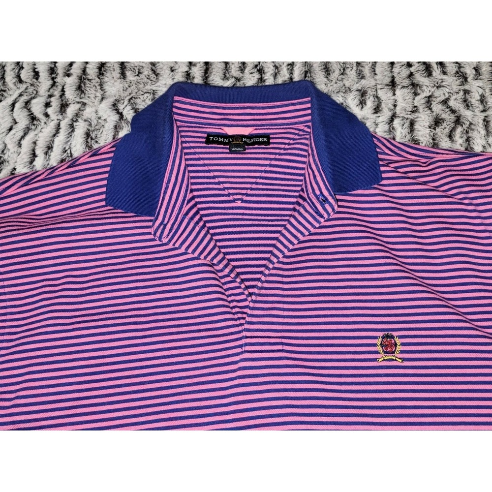 Tommy Hilfiger Strip Polo Pink‎ shirt size Large activewear - Picture 3 of 5